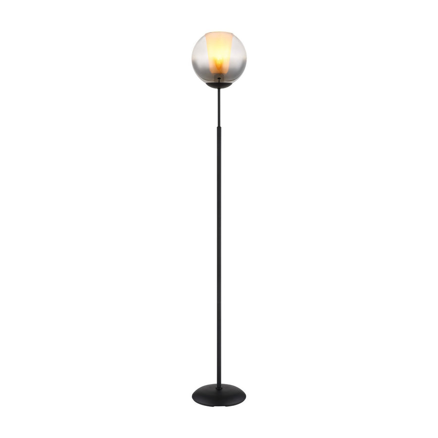 Lampadaire noir mat de face, globe de verre fumé et tige fine sur fond blanc