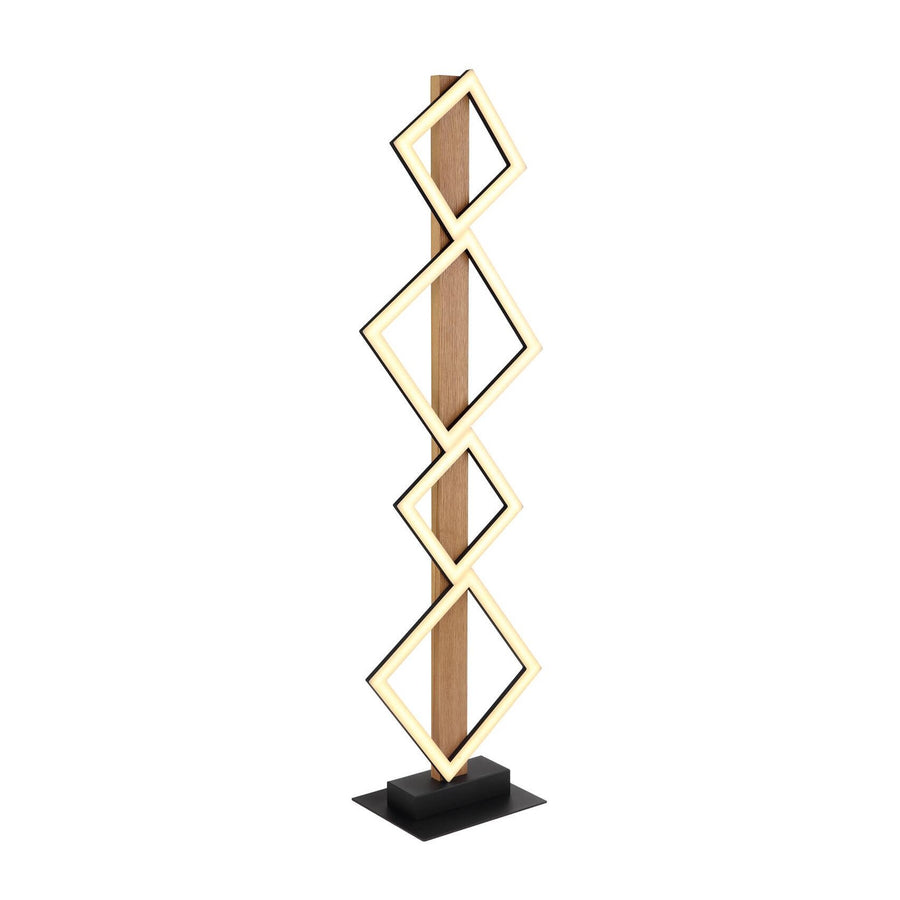 Lampadaire noir et bois avec quatre losanges LED empilés, présenté sur fond blanc.