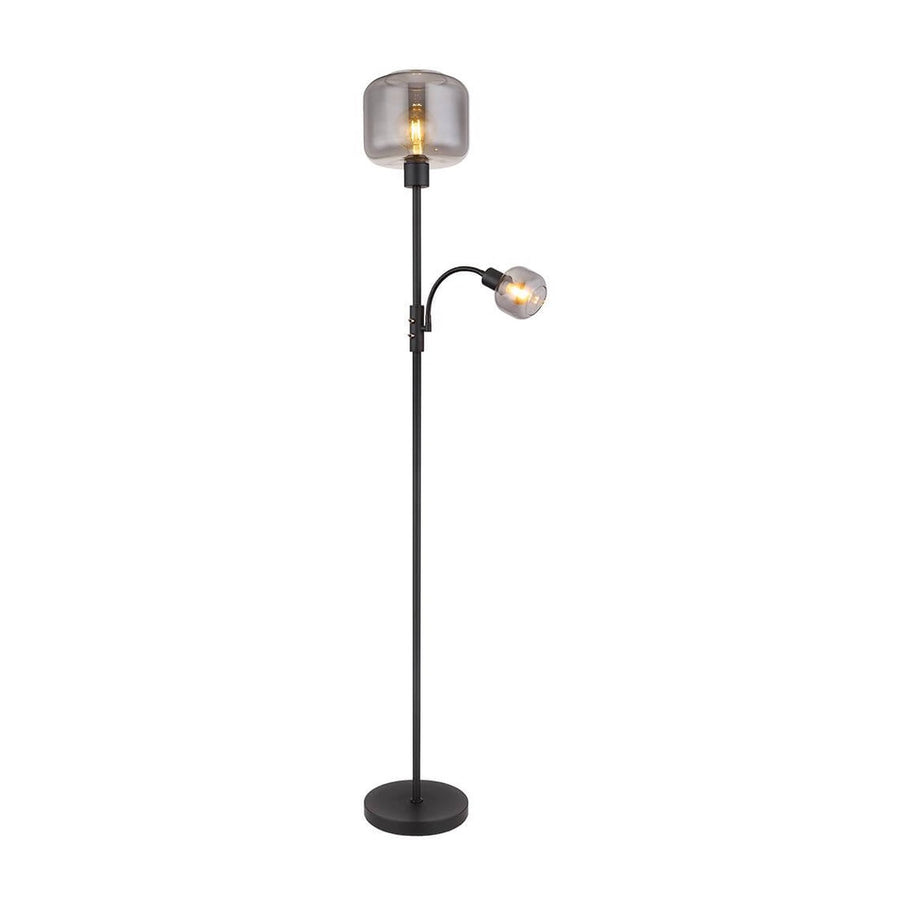 Lampadaire noir mat avec grand diffuseur en verre fumé et liseuse orientable