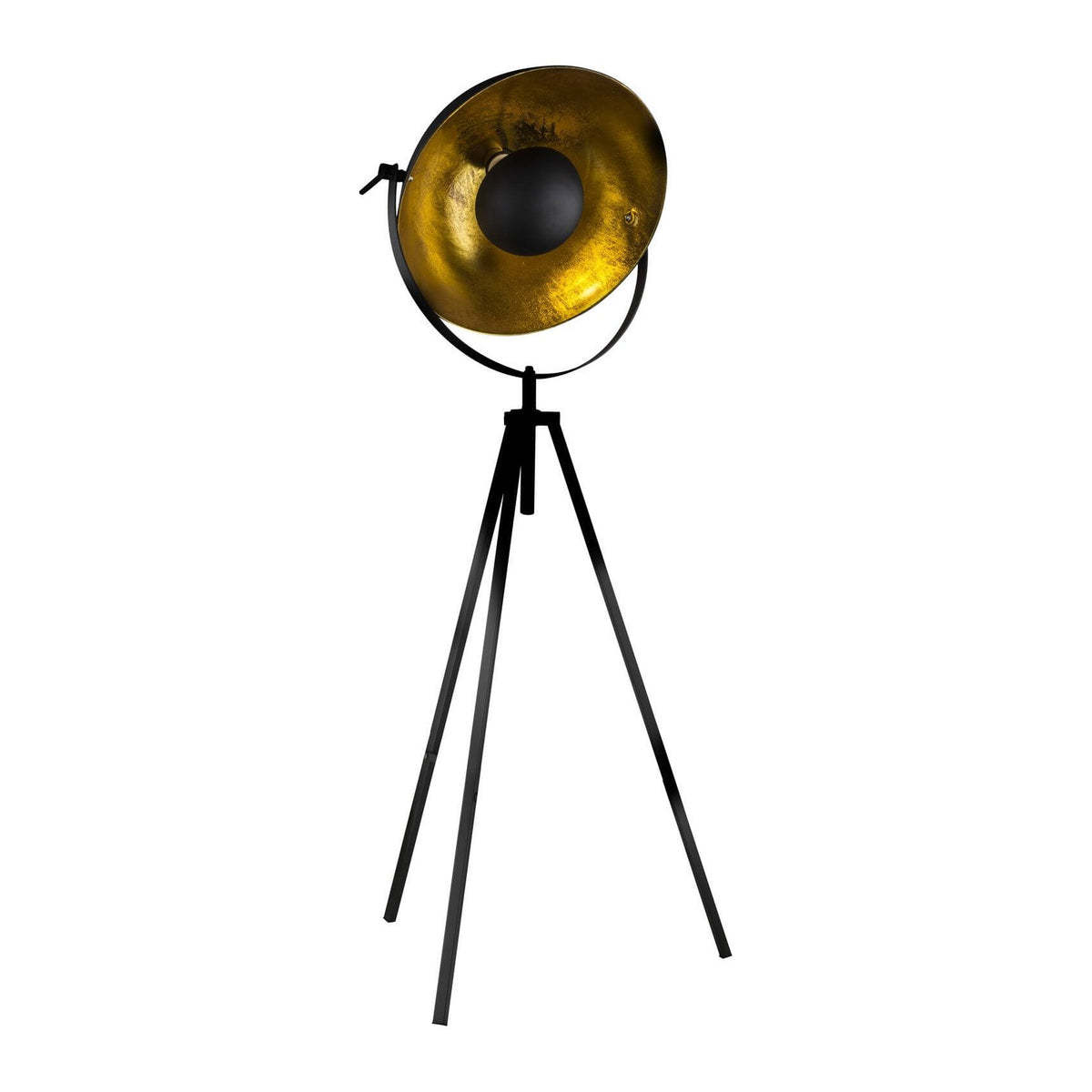 Lampadaire noir à tête ronde orientable et pied trépied, présenté sur fond blanc.