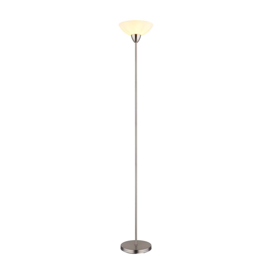Lampadaire nickel satiné présenté de face sur fond blanc, abat-jour allumé.