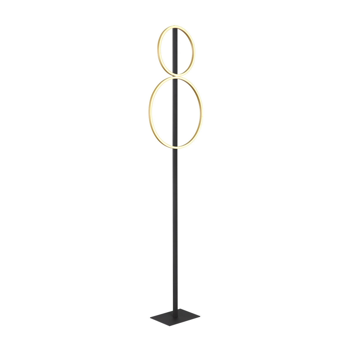 Lampadaire noir mat sur socle carré, deux anneaux dorés superposés vus de face