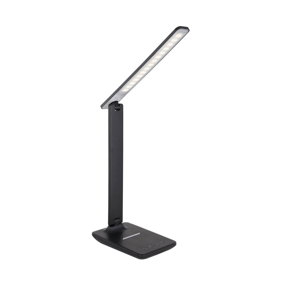 Lampe de bureau noire à tête LED plate inclinée, vue de trois quarts face