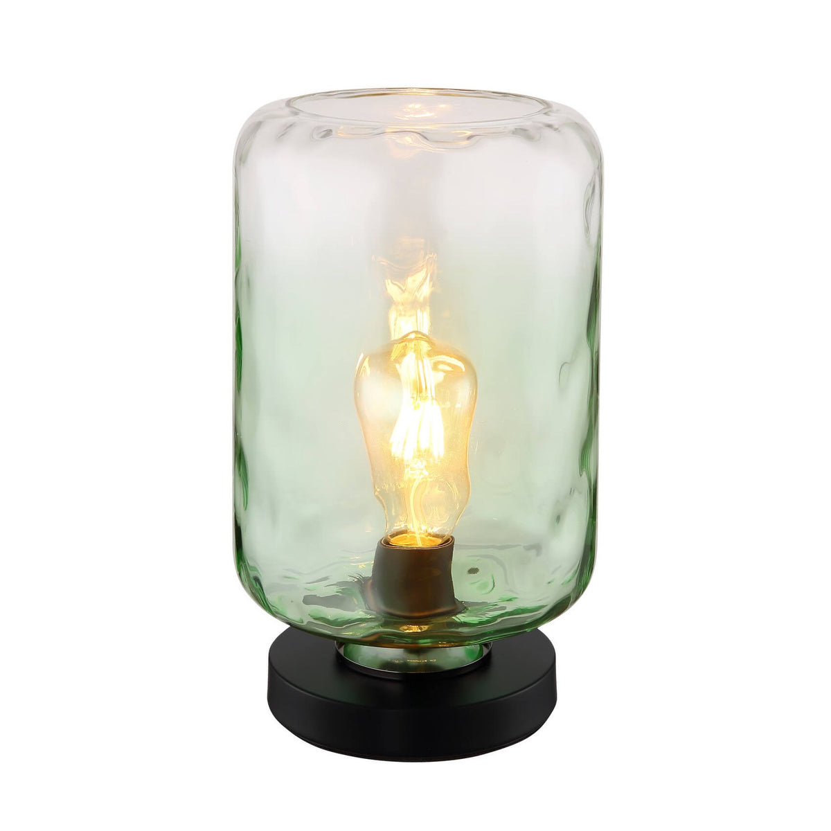 Vue de face du luminaire allumé sur fond blanc, verre vert et socle noir mat