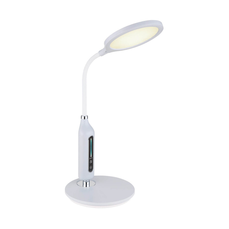 Lampe à poser blanche vue de face sur fond neutre, tête ovale et socle rond