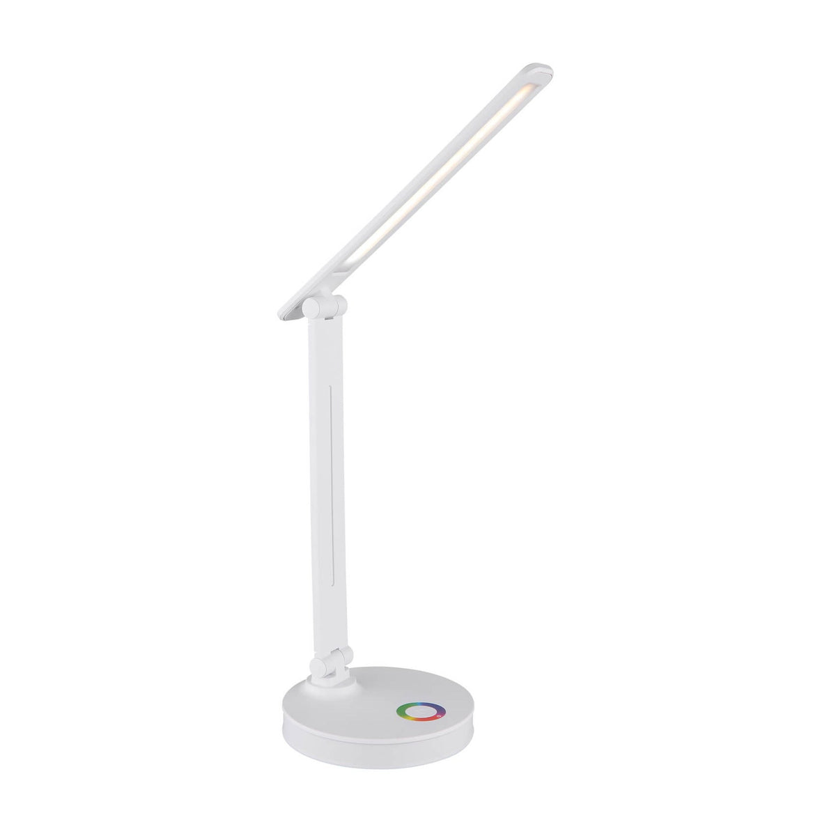Lampe à poser blanche mate inclinée, tête LED allumée, base ronde avec commande tactile colorée.