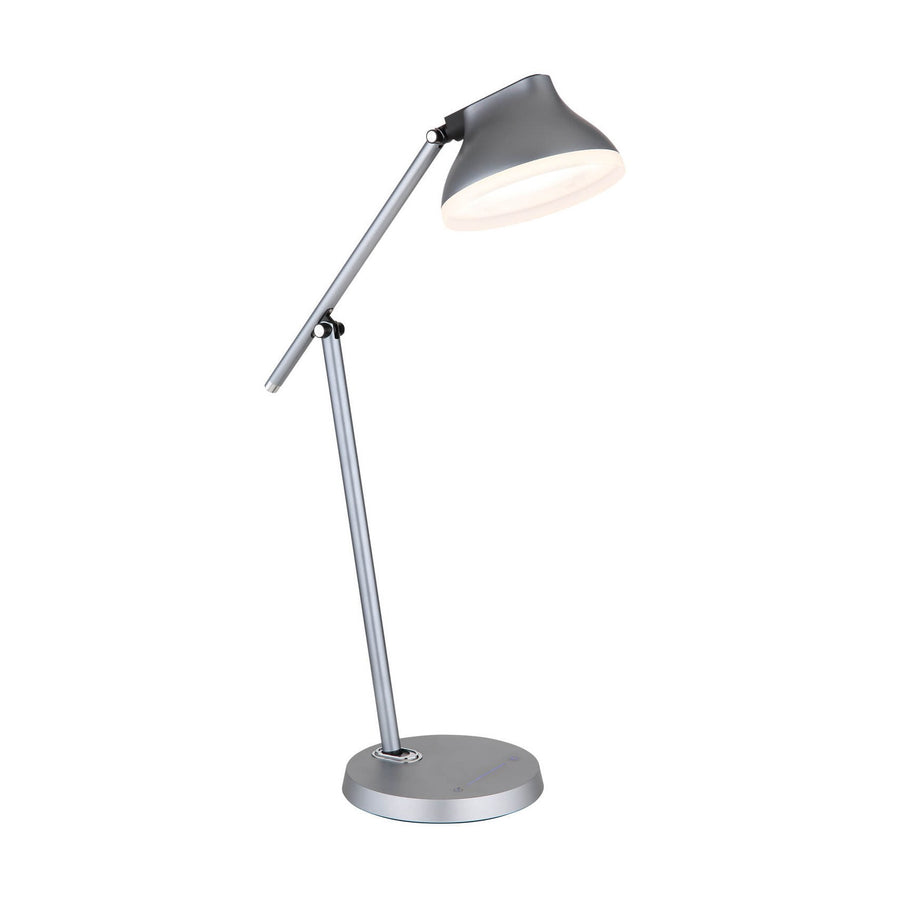 Lampe de bureau grise vue de face, bras articulé et abat-jour incliné