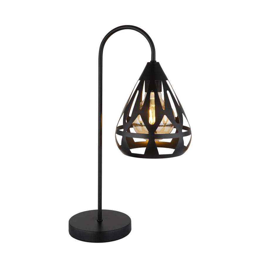 Lampe à poser noire, abat-jour ajouré en forme de goutte, vue de face