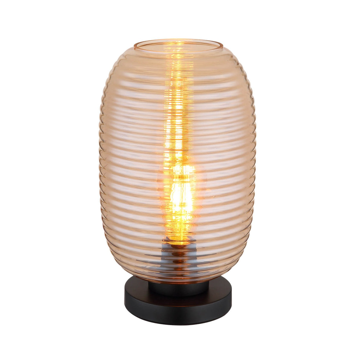 Lampe à poser de face, abat-jour en verre ambré strié sur socle noir mat
