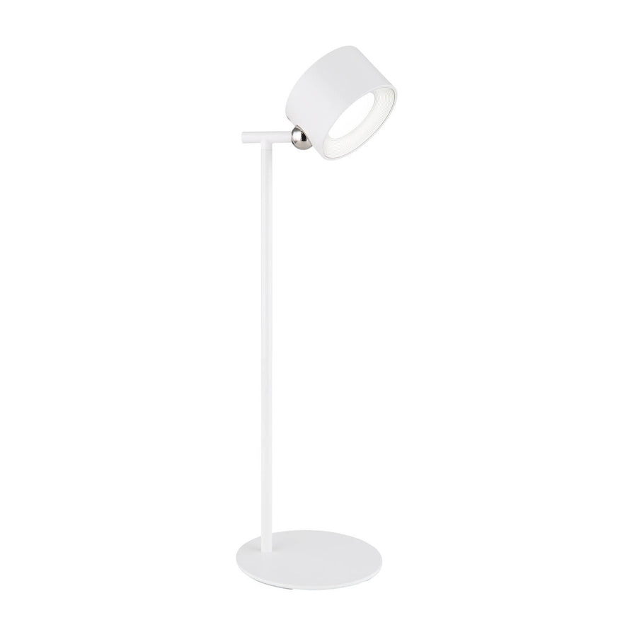 Lampe à poser blanche mat, vue de face, tête cylindrique orientable et base ronde.