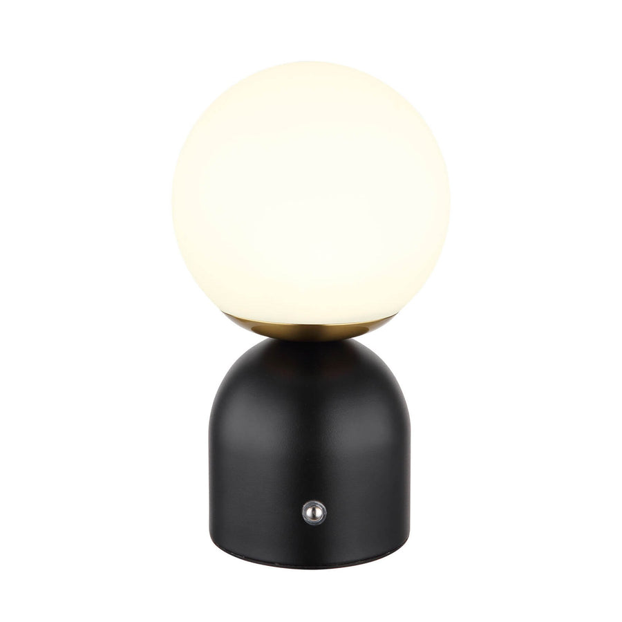 Lampe à poser de face, globe lumineux allumé sur socle noir mat