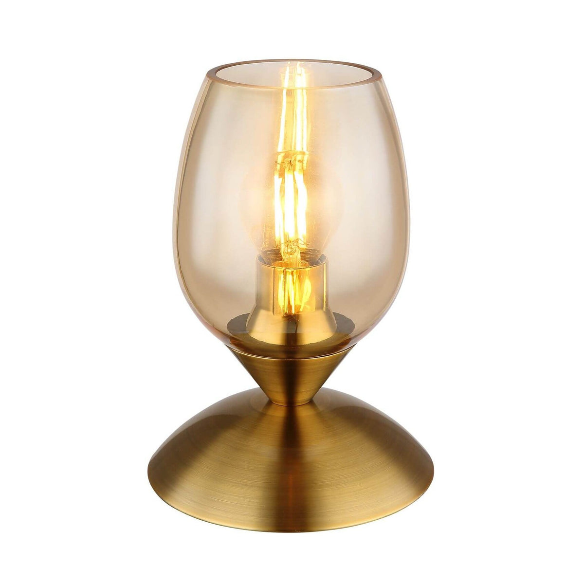 Lampe à poser en laiton avec abat-jour en verre ambré, ampoule allumée