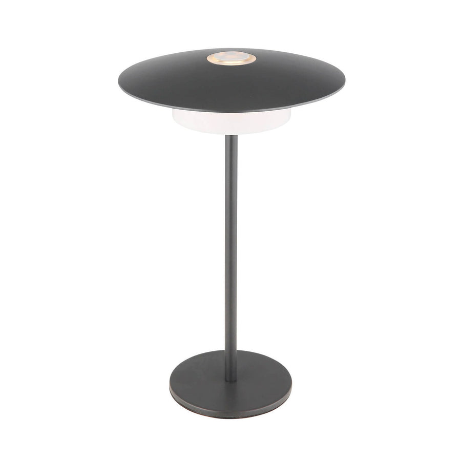 Lampe à poser grise de face sur fond blanc, abat-jour rond et fin pied
