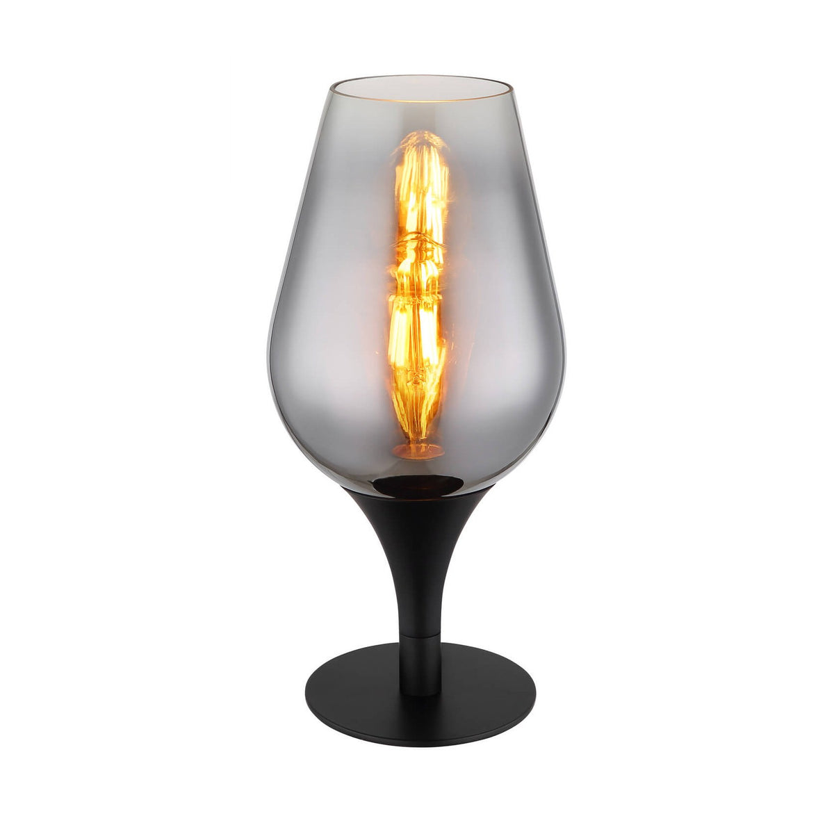 Lampe à poser noire mat avec abat-jour en verre fumé, ampoule allumée.
