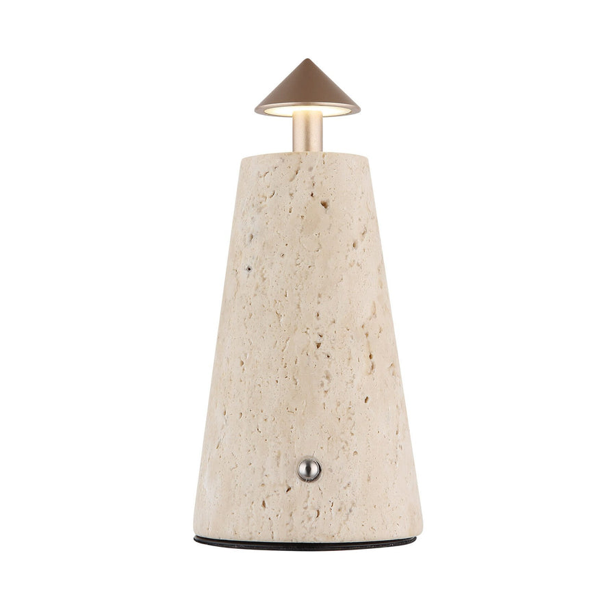 Lampe à poser vue de face, base conique en travertin beige et chapeau conique