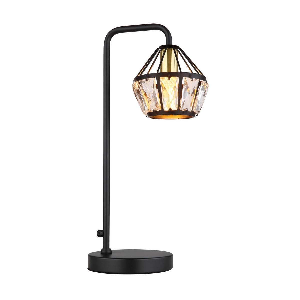 Lampe à poser noire mat de face, abat-jour facetté et bras arqué sur socle rond