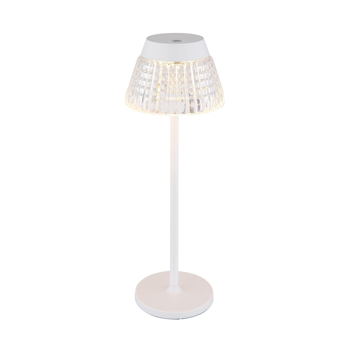 Lampe à poser blanche de face avec abat-jour conique en verre strié
