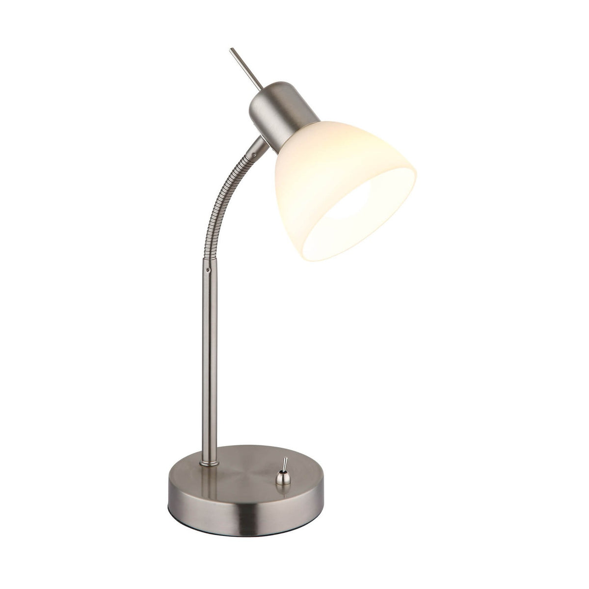 produit de face, lampe à poser nickel avec bras flexible et abat-jour conique