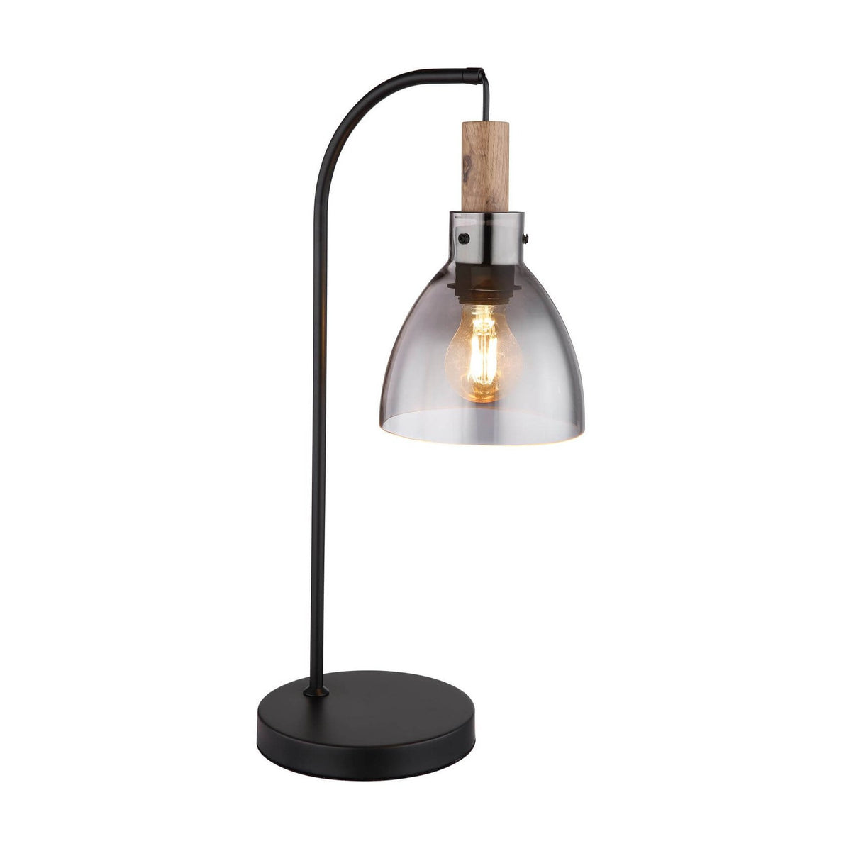 Lampe à poser noire mat avec bras courbé et abat-jour en verre transparent