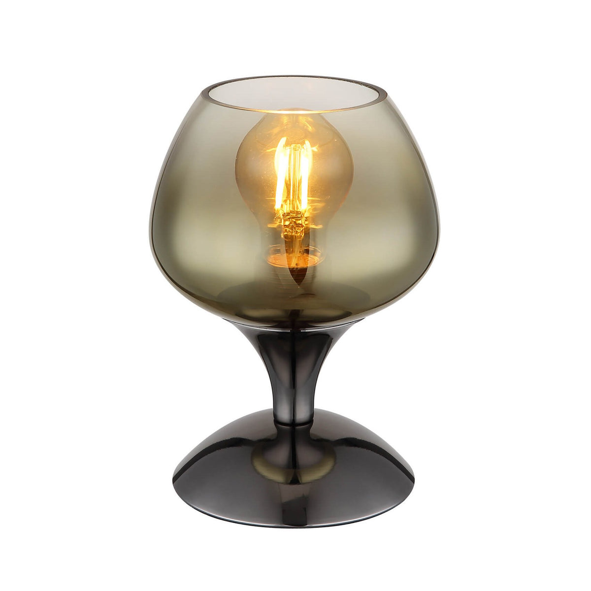 Vue de face du luminaire avec son abat-jour en verre fumé et ampoule allumée