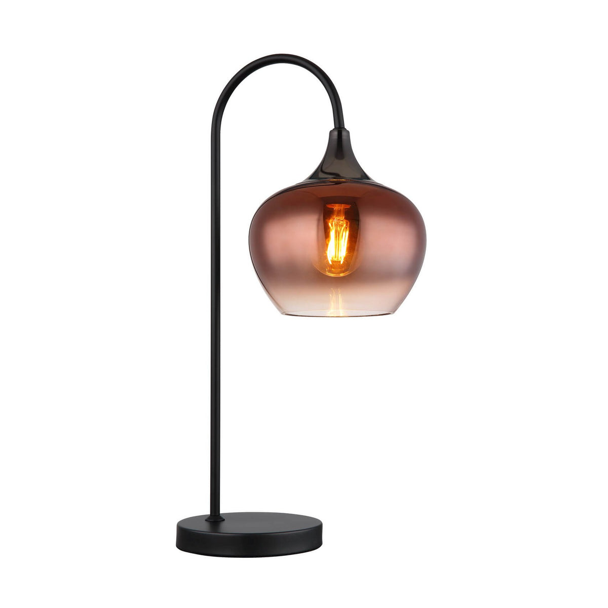 Vue de face de la lampe à poser noire, verre rosé et ampoule Edison allumée.