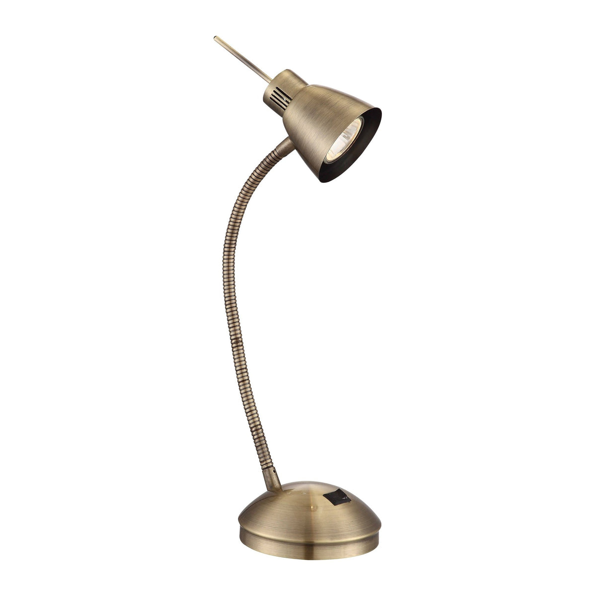 Lampe de bureau en laiton vieilli, col flexible et abat-jour conique orientable.