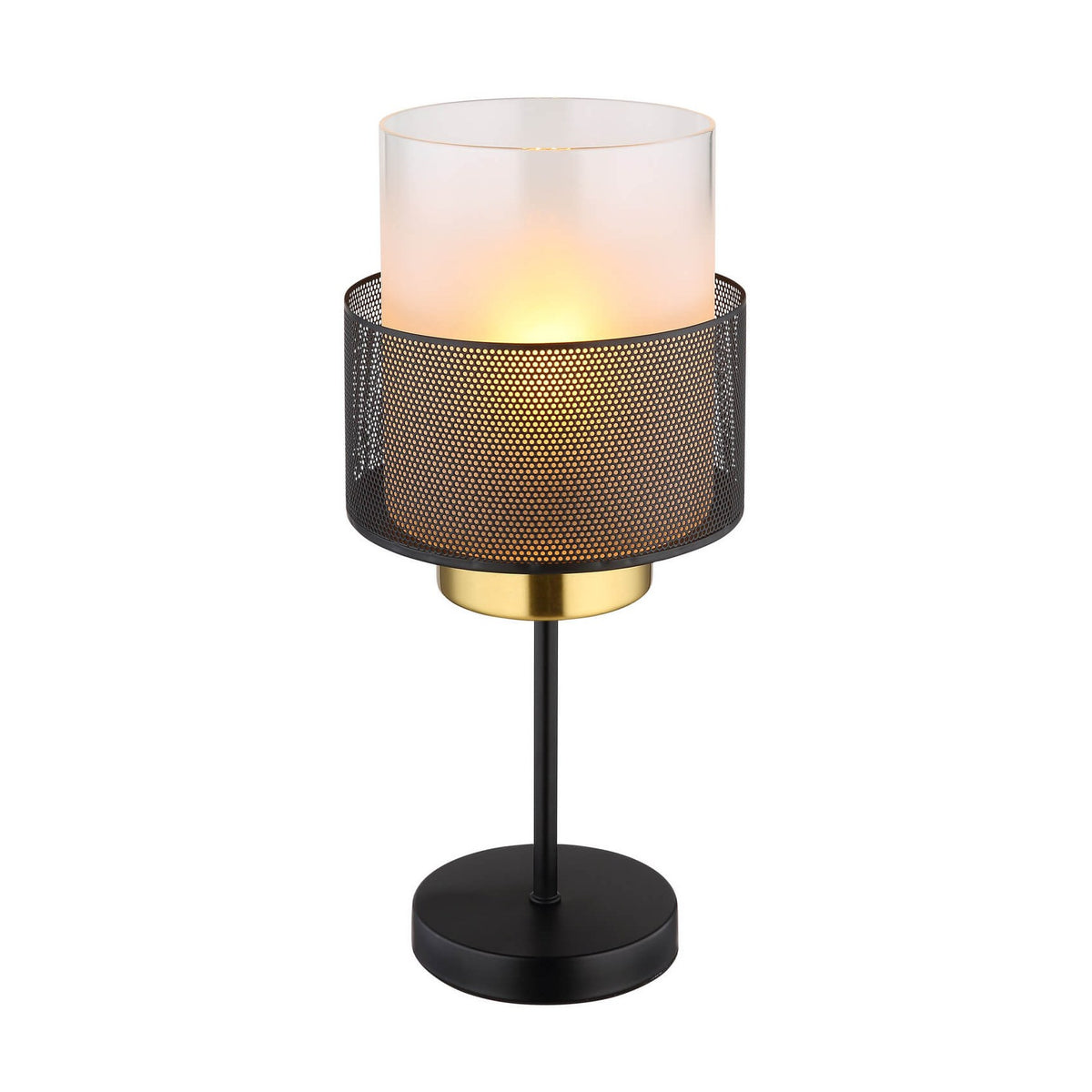 Lampe à poser de face, abat-jour cylindrique noir et verre opalin allumé