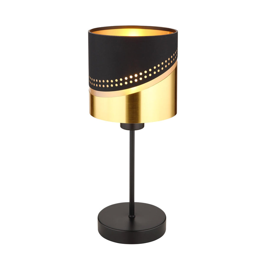 Lampe à poser noire de face, abat-jour cylindrique doré et socle rond.