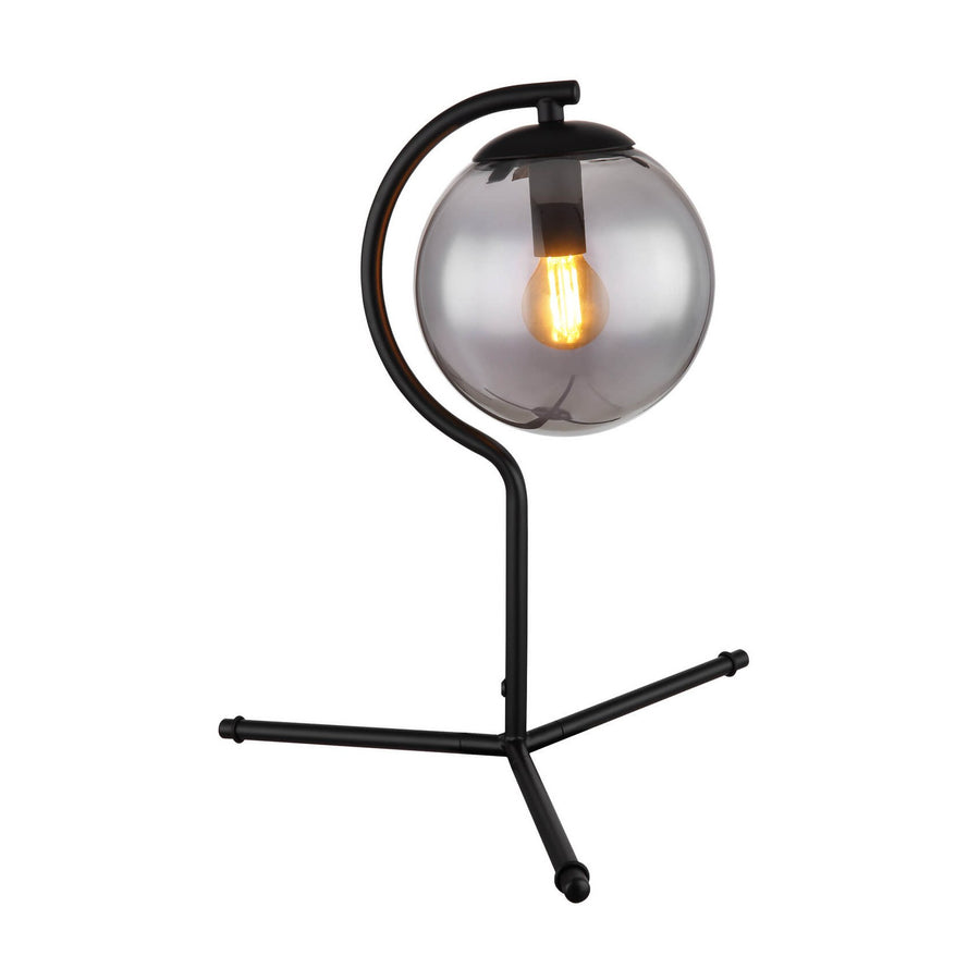 Lampe à poser noire avec globe en verre fumé et ampoule allumée