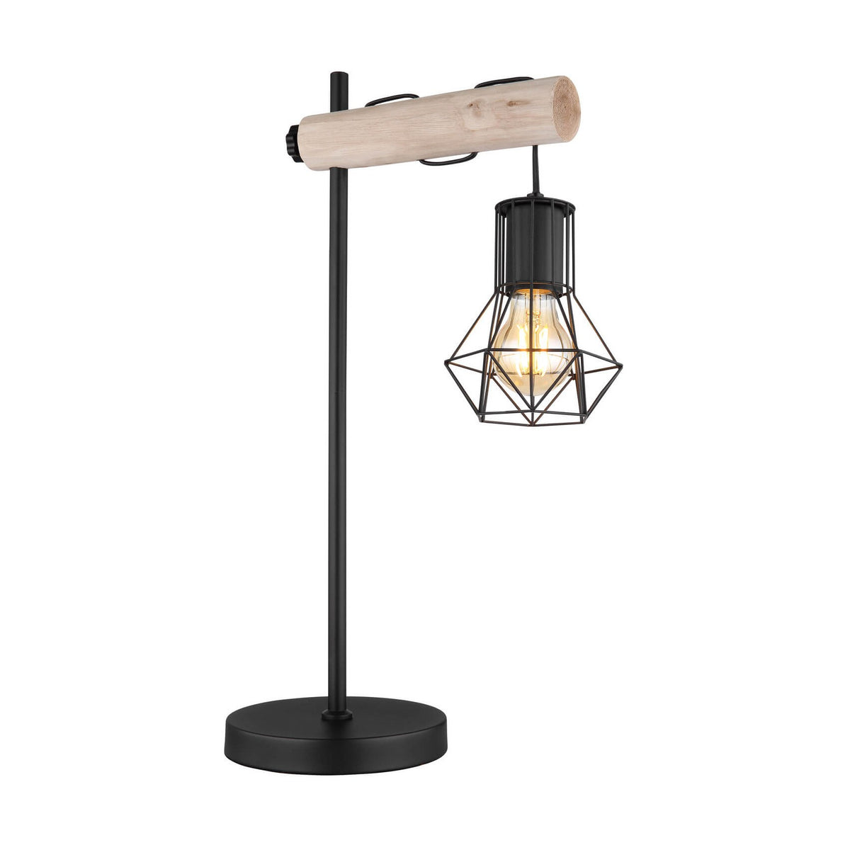 Lampe à poser complète vue de face, structure noire et poutre en bois clair.