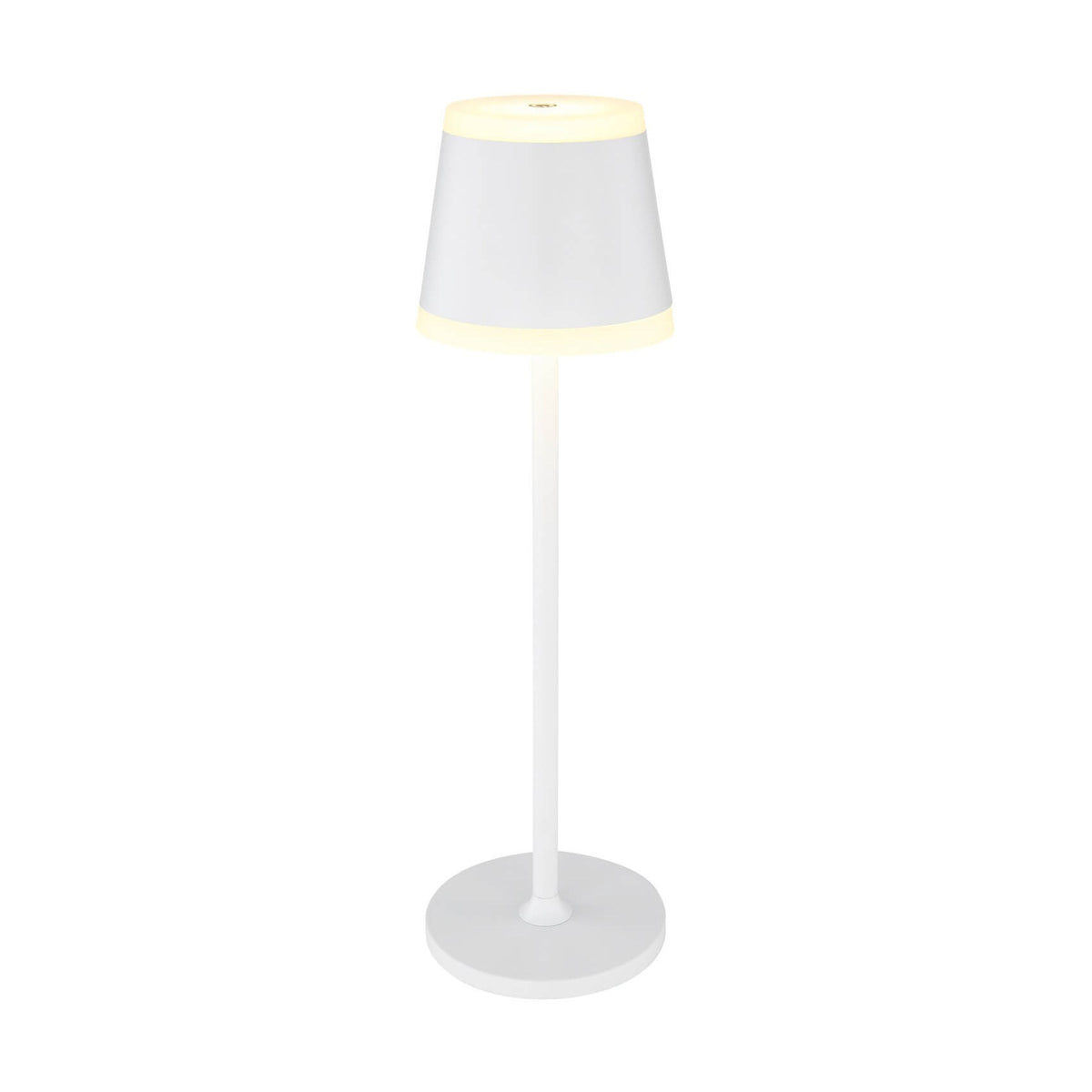 Lampe à poser blanche de face, abat-jour conique et socle rond sur fond blanc