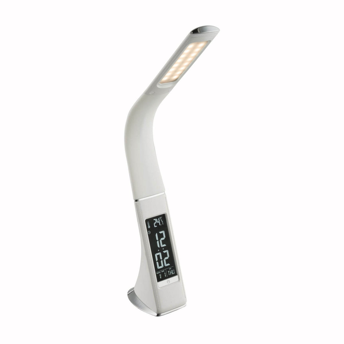 Lampe à poser blanche de profil, col incurvé, tête LED allumée, écran LCD heure température.