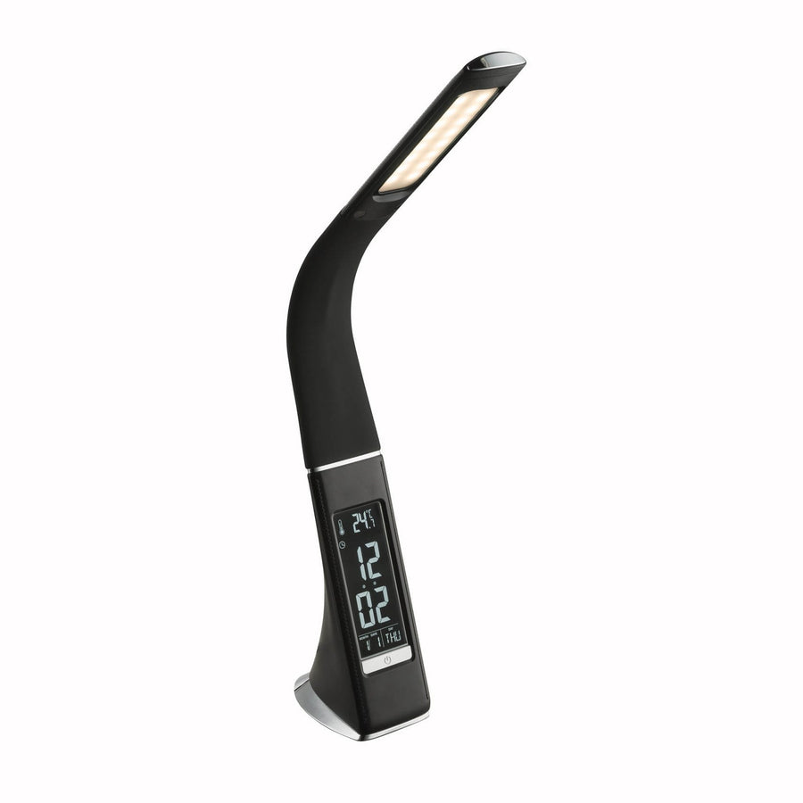 Vue de profil de la lampe noire courbée avec écran digital et éclairage allumé.