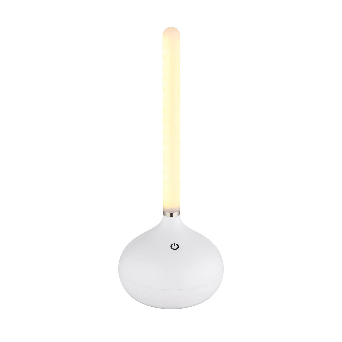 Lampe à poser blanche, tige cylindrique allumée, vue de face sur fond blanc