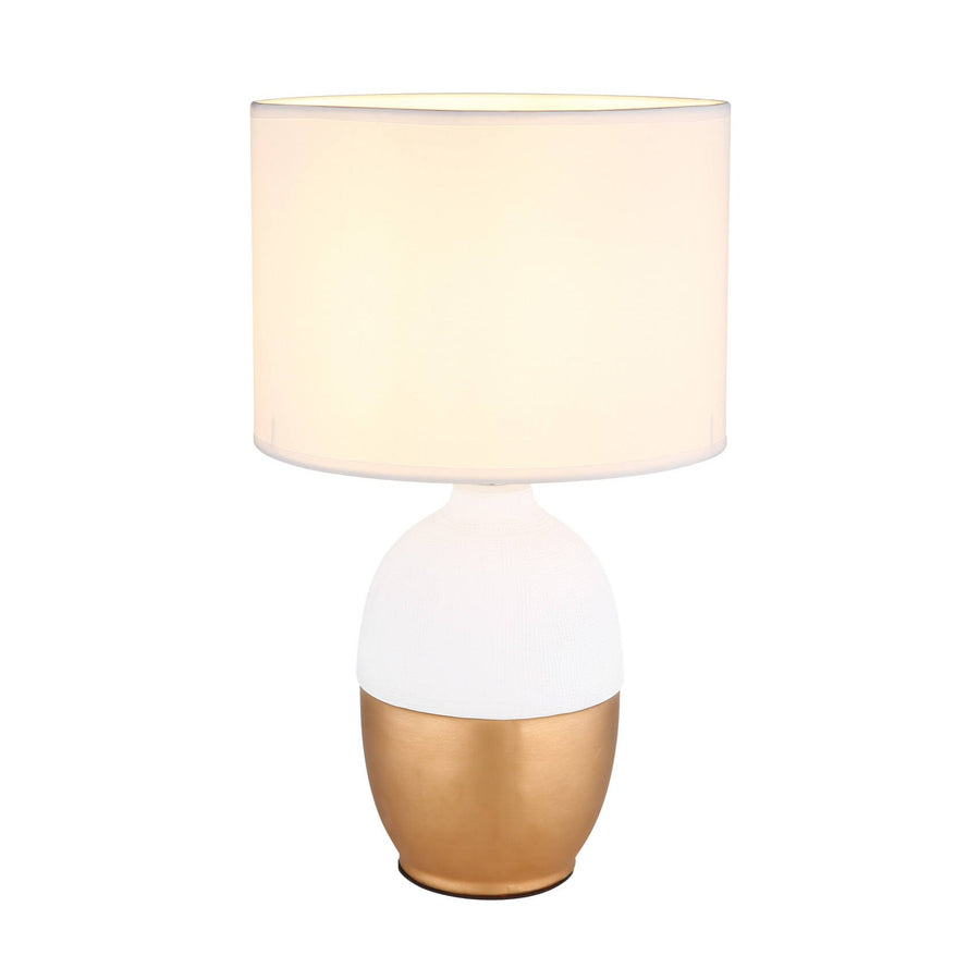 Produit de face sur fond blanc, abat-jour cylindrique et base blanche dorée