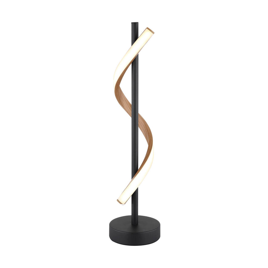 Lampe à poser noire mat avec ruban LED en spirale, vue de face sur fond blanc