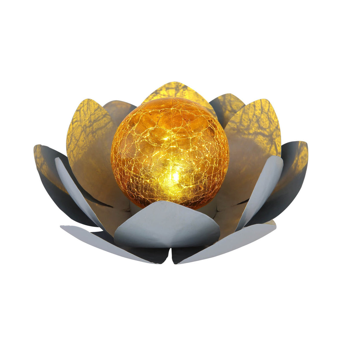 Luminaire solaire en forme de fleur de lotus gris, sphère dorée allumée