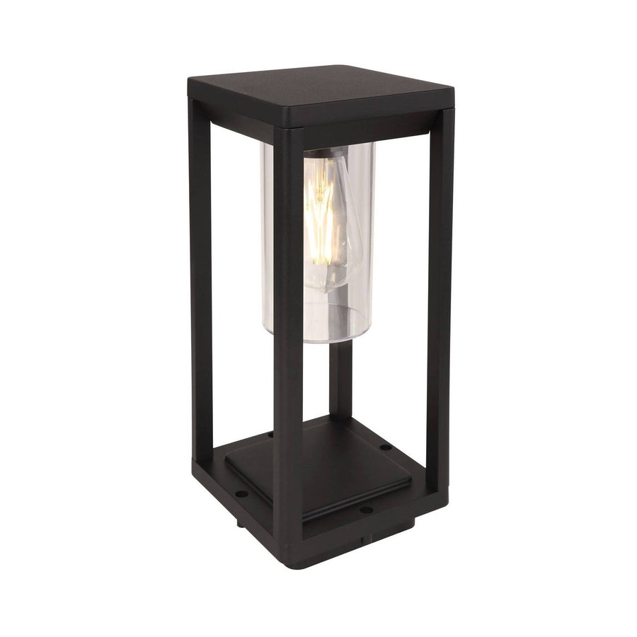 Luminaire extérieur noir mat de face, cadre rectangulaire et cylindre en verre.