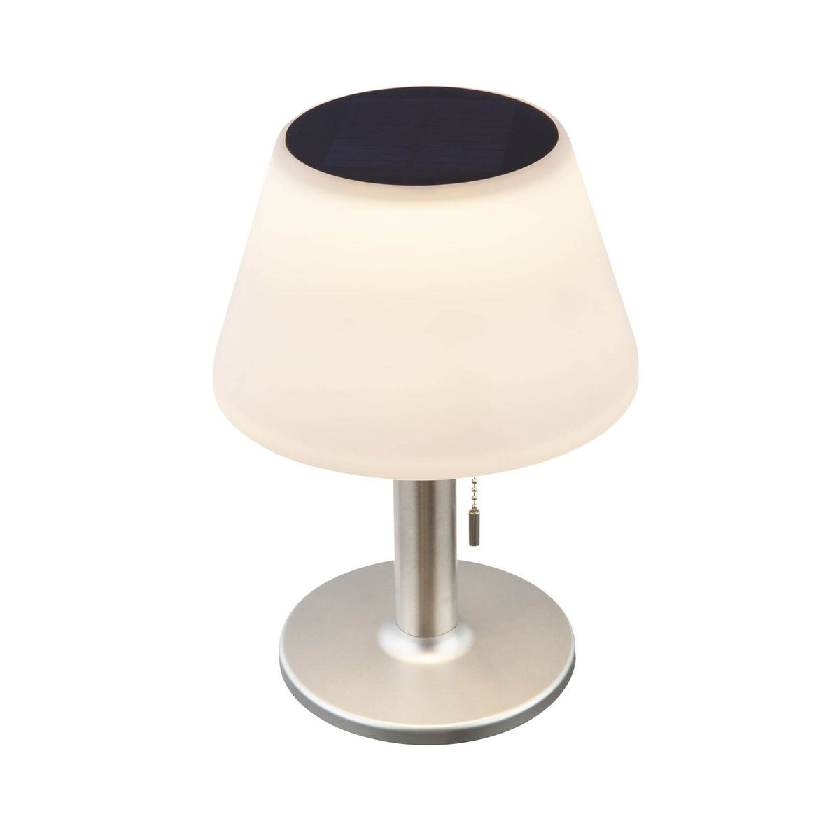 Luminaire extérieur vu de face sur fond blanc, abat-jour conique et socle rond inox