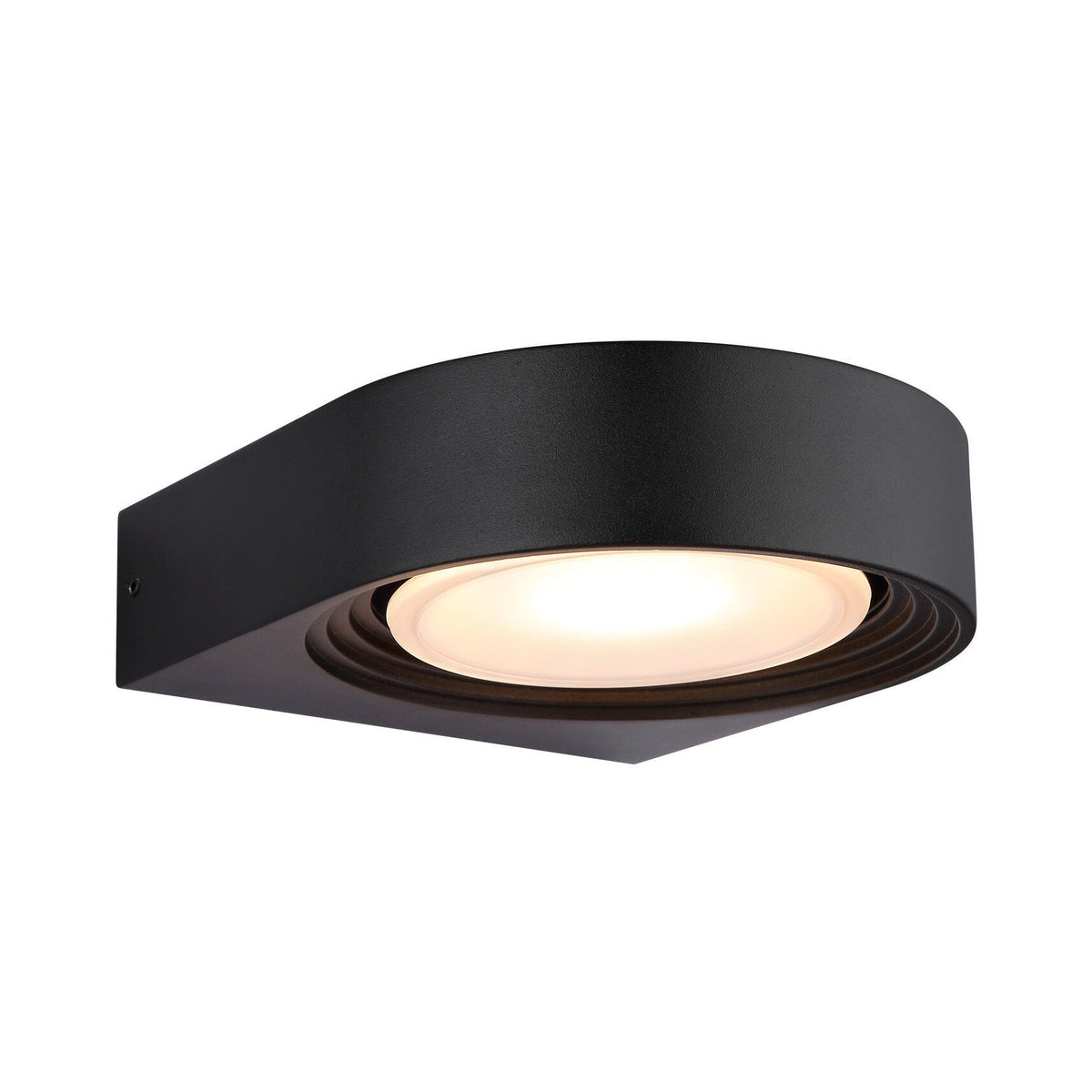 Vue de trois quarts du luminaire mural noir avec diffuseur circulaire blanc.