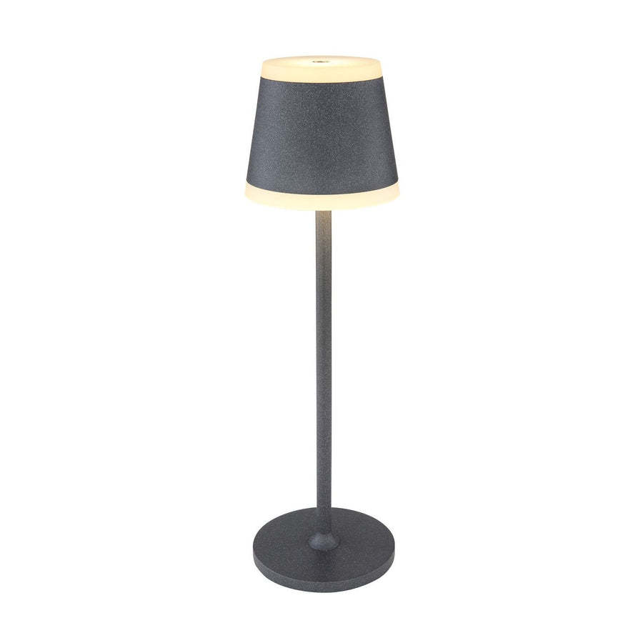 Produit seul sur fond blanc, vue de face du luminaire portable avec abat-jour conique gris.