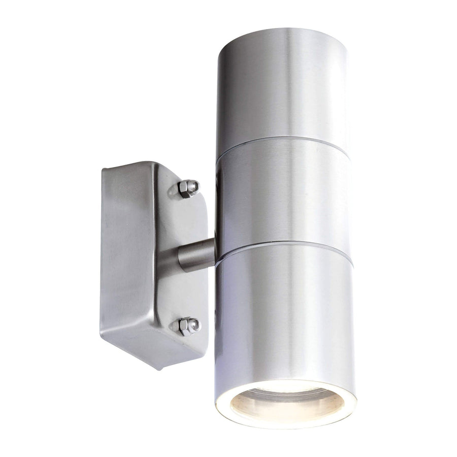 Applique murale cylindrique en inox, vue de face avec éclairage vers le bas.