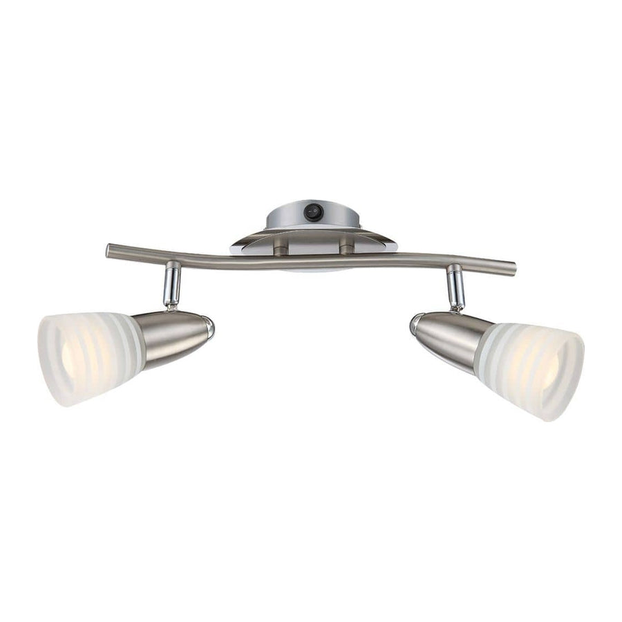 Vue de face du plafonnier nickel satiné avec deux spots orientables et verres striés.