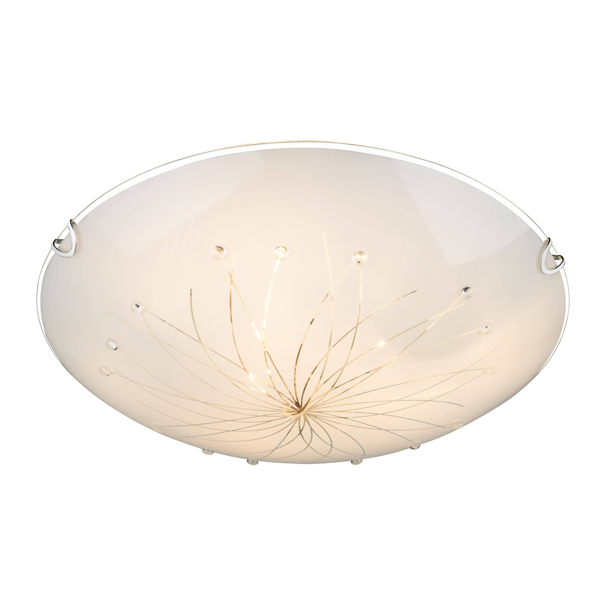 Plafonnier rond en verre blanc avec décor floral filaire et fixations chromées, vu de face.