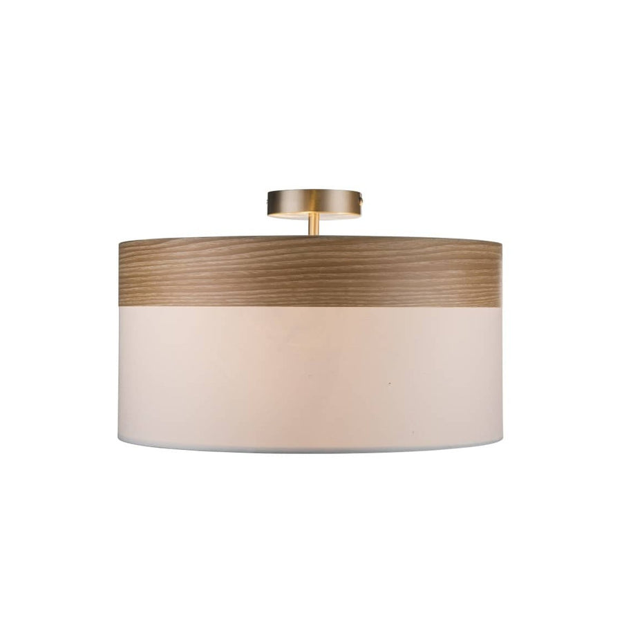 Vue de face du plafonnier cylindrique, bandeau bois clair et abat-jour crème