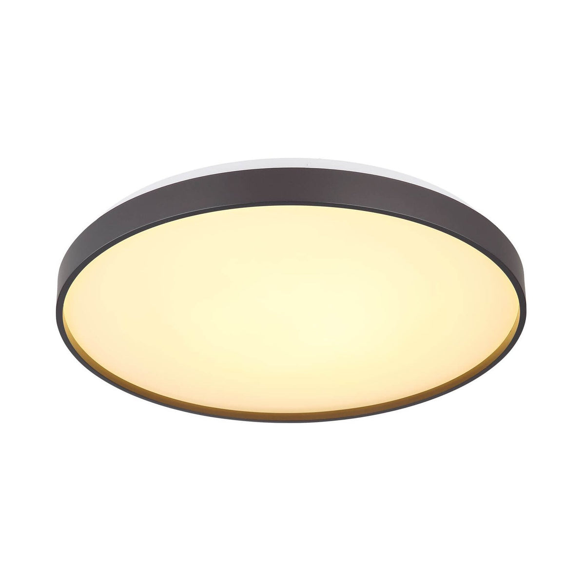 Vue de face du plafonnier rond blanc avec cadre noir et diffuseur lumineux.