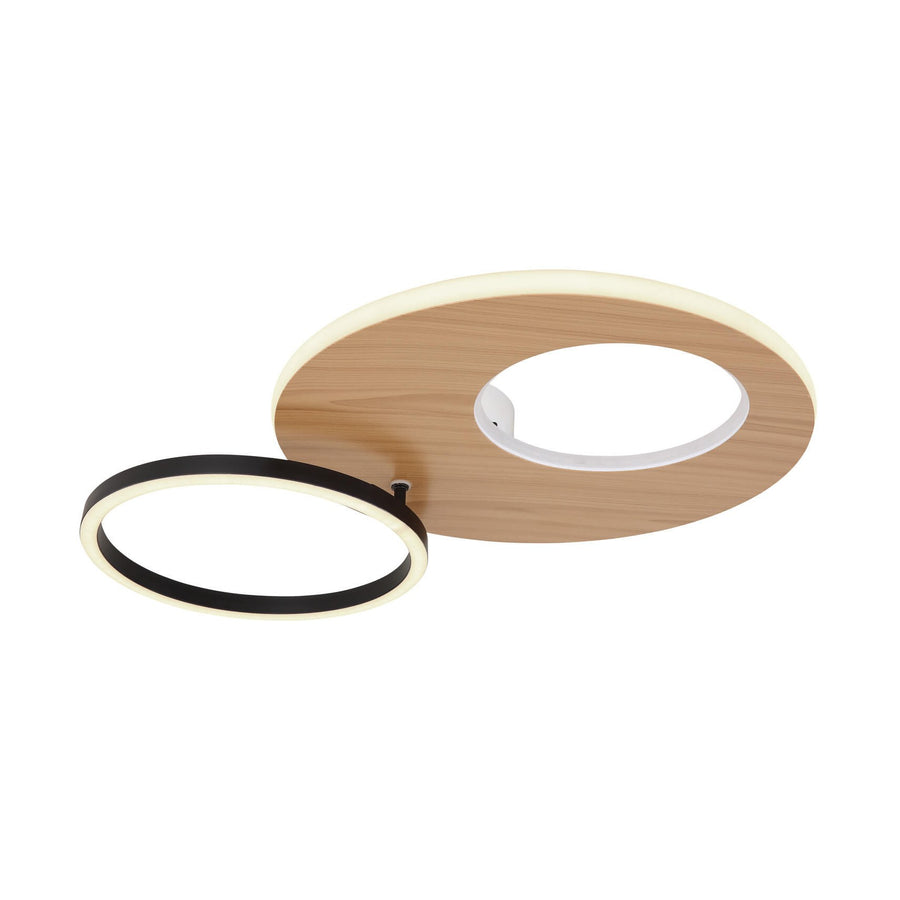 Vue de trois quarts du plafonnier sur fond blanc, anneau en bois et cercle noir
