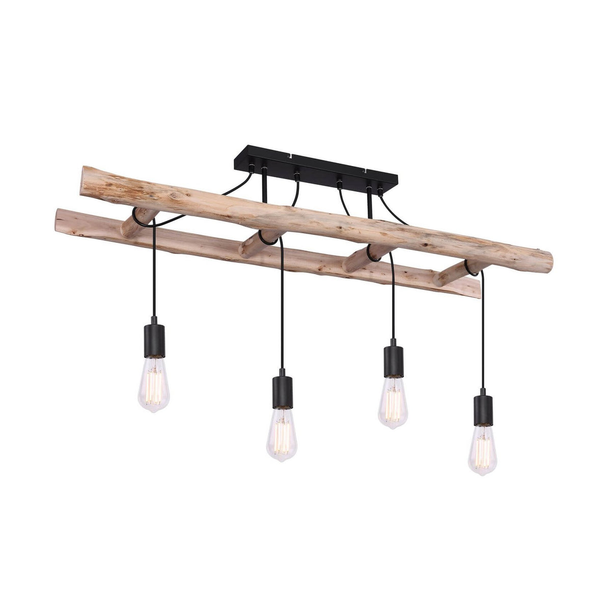 Plafonnier en bois clair à deux branches avec quatre suspensions noires et ampoules visibles