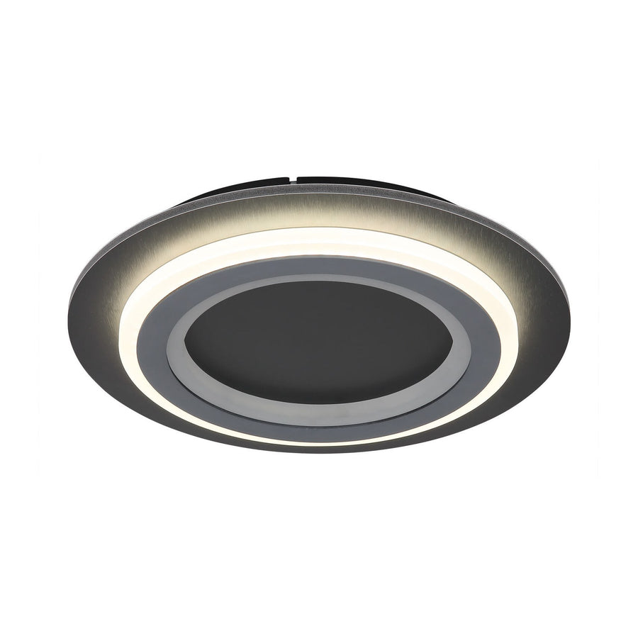 Plafonnier rond noir mat vu de face sur fond blanc, anneau lumineux éteint.