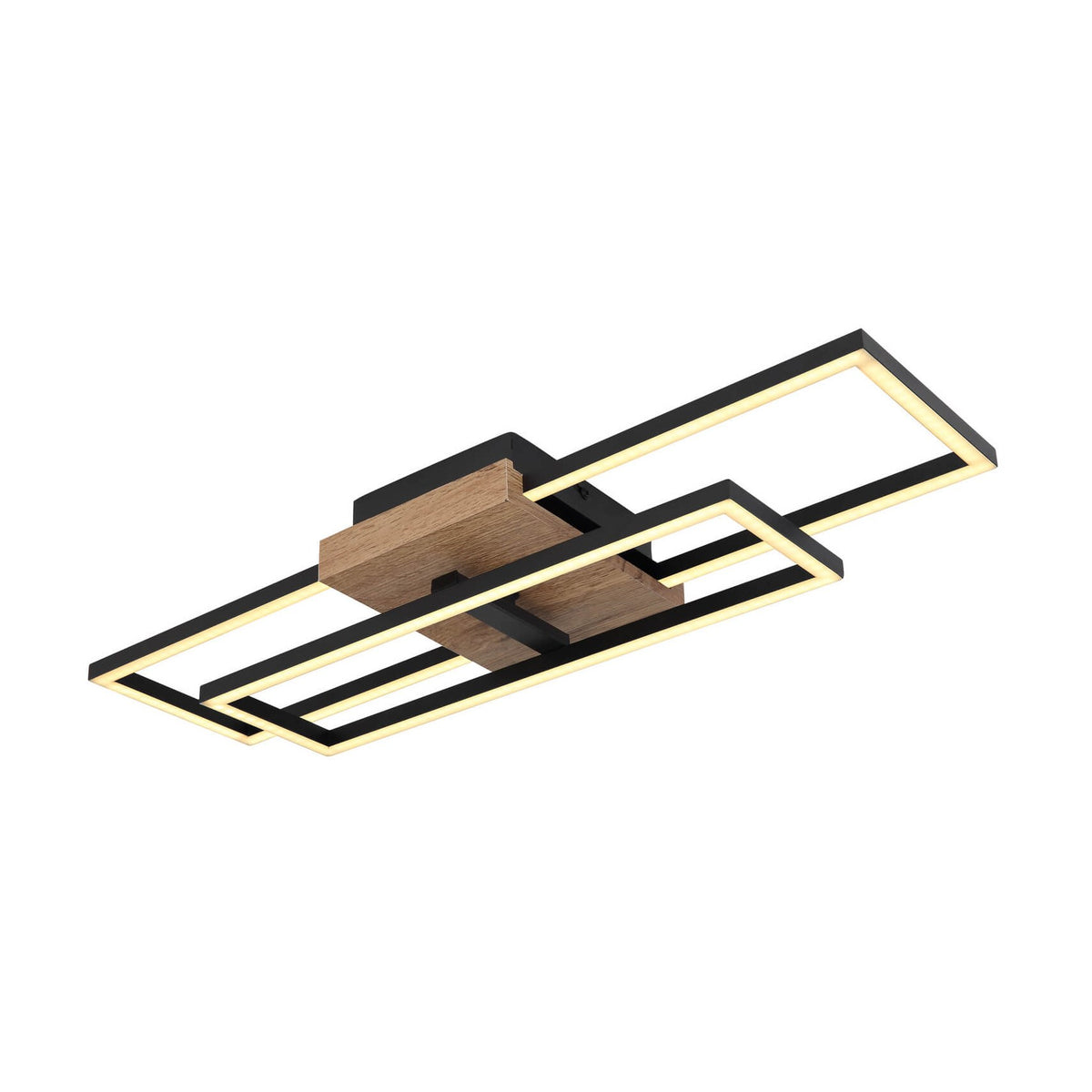 Vue trois quarts du plafonnier rectangulaire noir avec blocs en bois et éclairage LED.